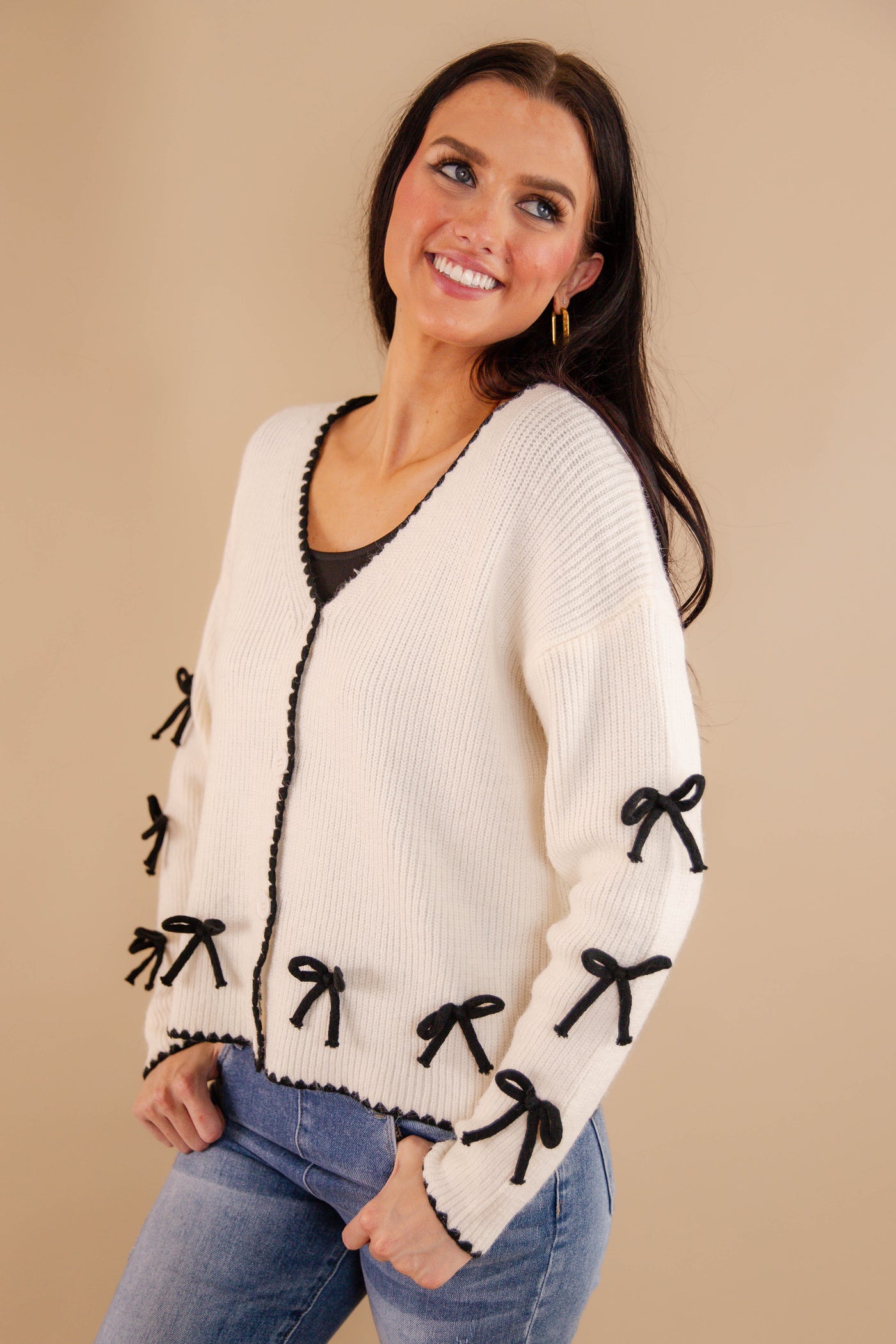 Ivory Cardigan With Black Bow Detail- Women's 3D Bow Cardigan- Black Bow Sweater