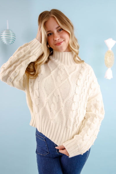 Cable Knit Pearl Sweater- Women's Ivory Pearl Sweater- Women's Holiday Sweaters