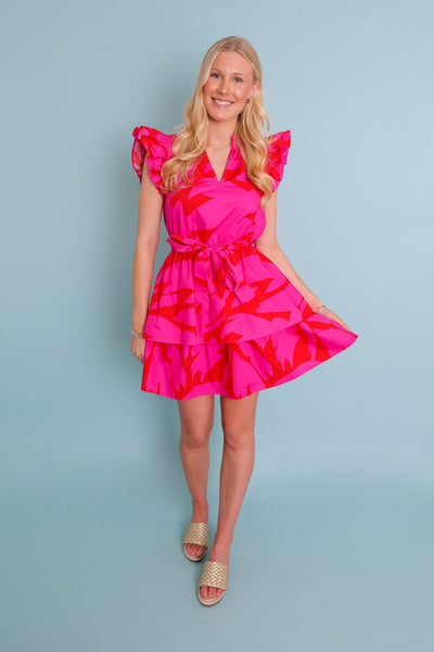 Women's Pink and Red Dress- Floral Ruffle Dress- Women's Vacation Dresses