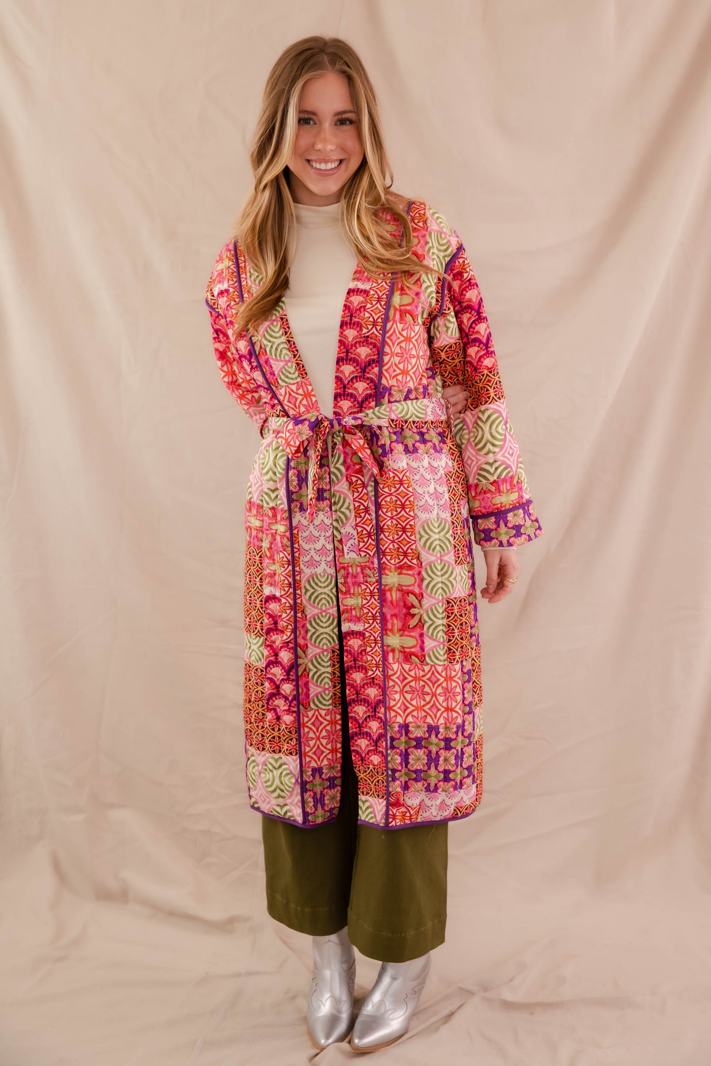 Women's Long Patchwork Coat- Colorful Patchwork Jacket- &Merci Long Jacket