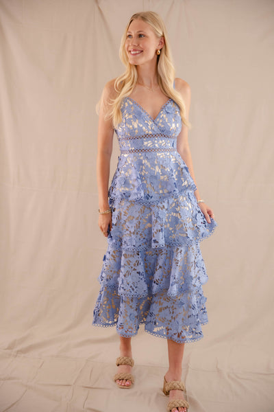 Women's Blue Floral Midi Dress- Floral Tiered Cocktail Dress- JustMe Midi Dresses