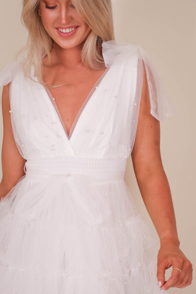 White Pearl Tulle Mini Dress- Bridal Tulle Pearl Dress- Mable Tulle Pearl Dress