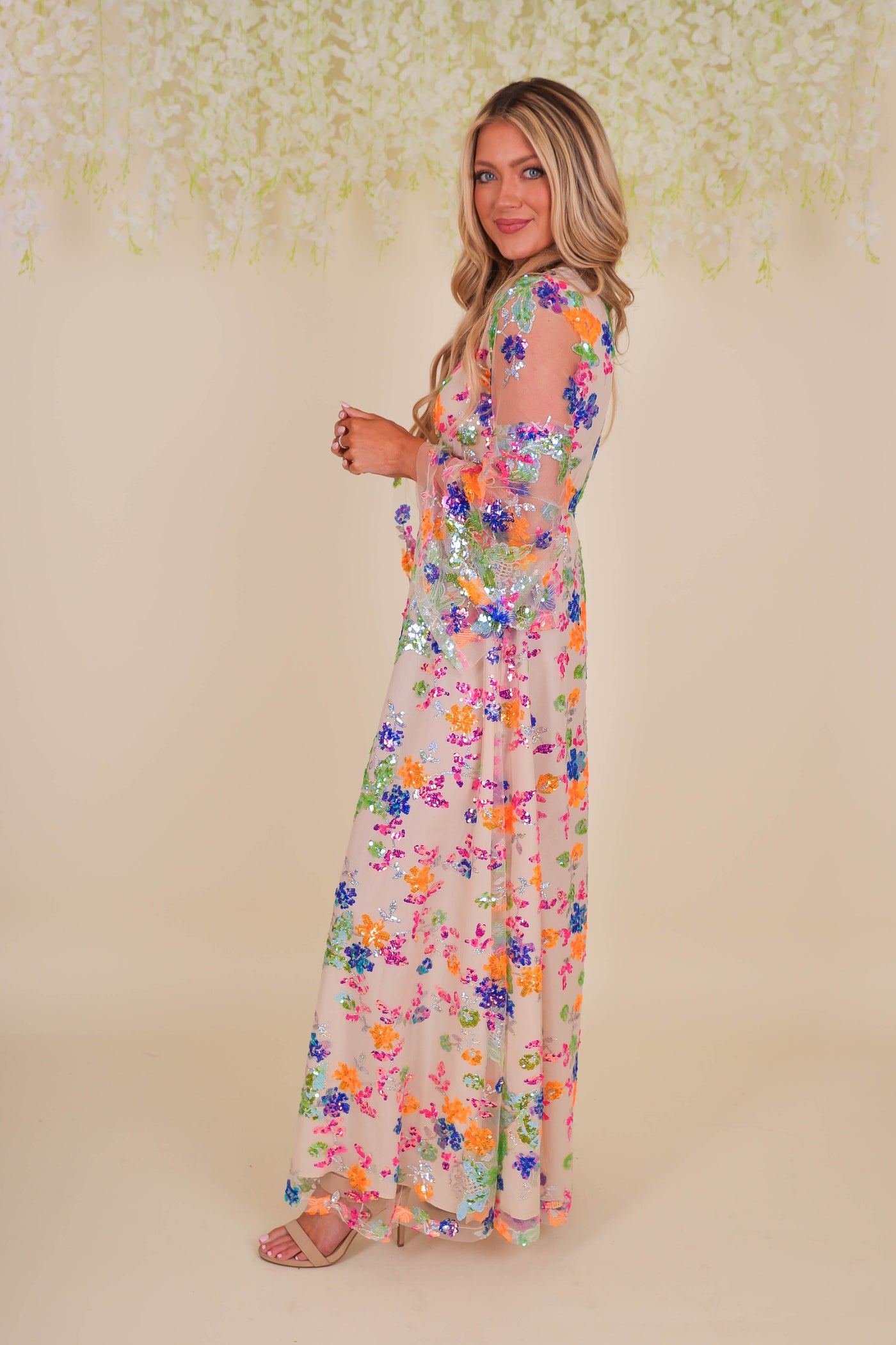 Rainbow Sequin Maxi Dress- Sequin Bell Sleeve Maxi- Long Sleeve Sequin Maxi