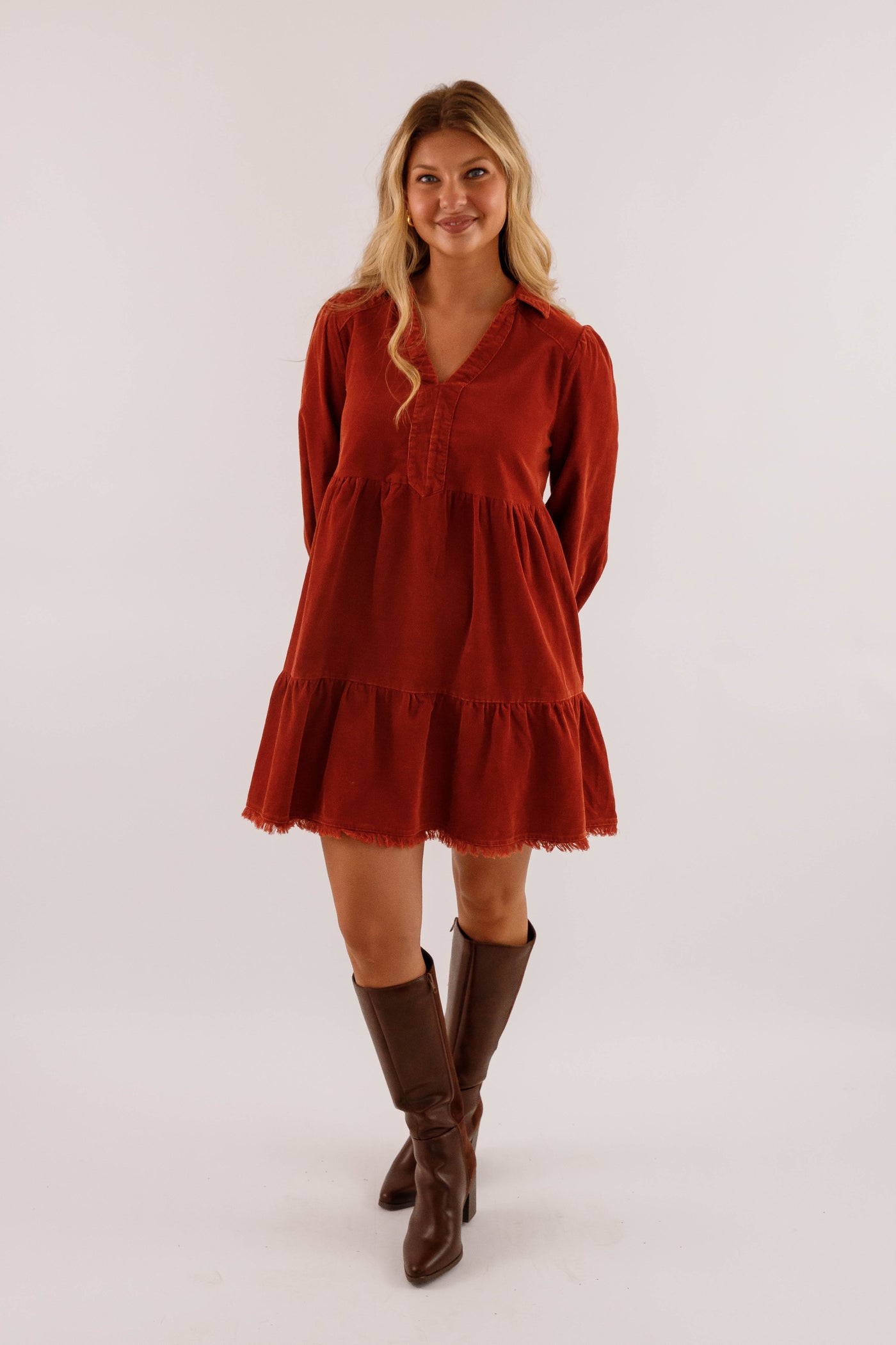 Rust Tiered Corduroy Dress- Fringe Hem Pocket Dress- Women's Fall and Winter Dresses Juliana's Boutique Rust Tiered Corduroy Dress- Fringe Hem Pocket Dress- Women's Fall and Winter Dresses Juliana's Boutique