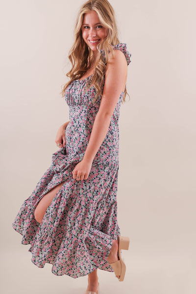 Navy Floral Print Midi Dress- Ruffle Midi Dress With Slit- Eesome Dresses