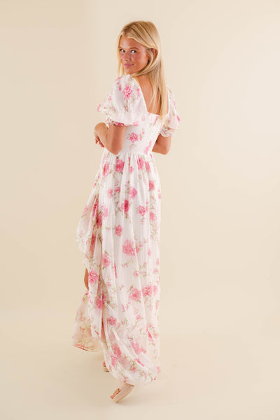 Women's Pink Floral Maxi Dress- Elegant Floral Maxi- Storia Maxi Dress