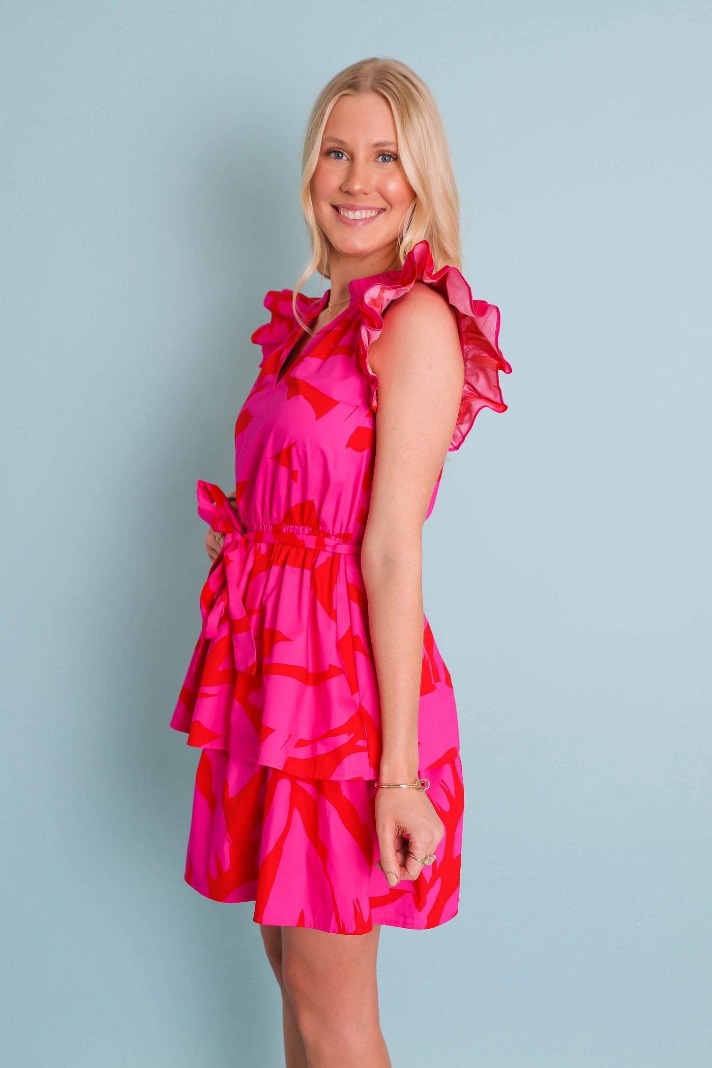 Women's Pink and Red Dress- Floral Ruffle Dress- Women's Vacation Dresses