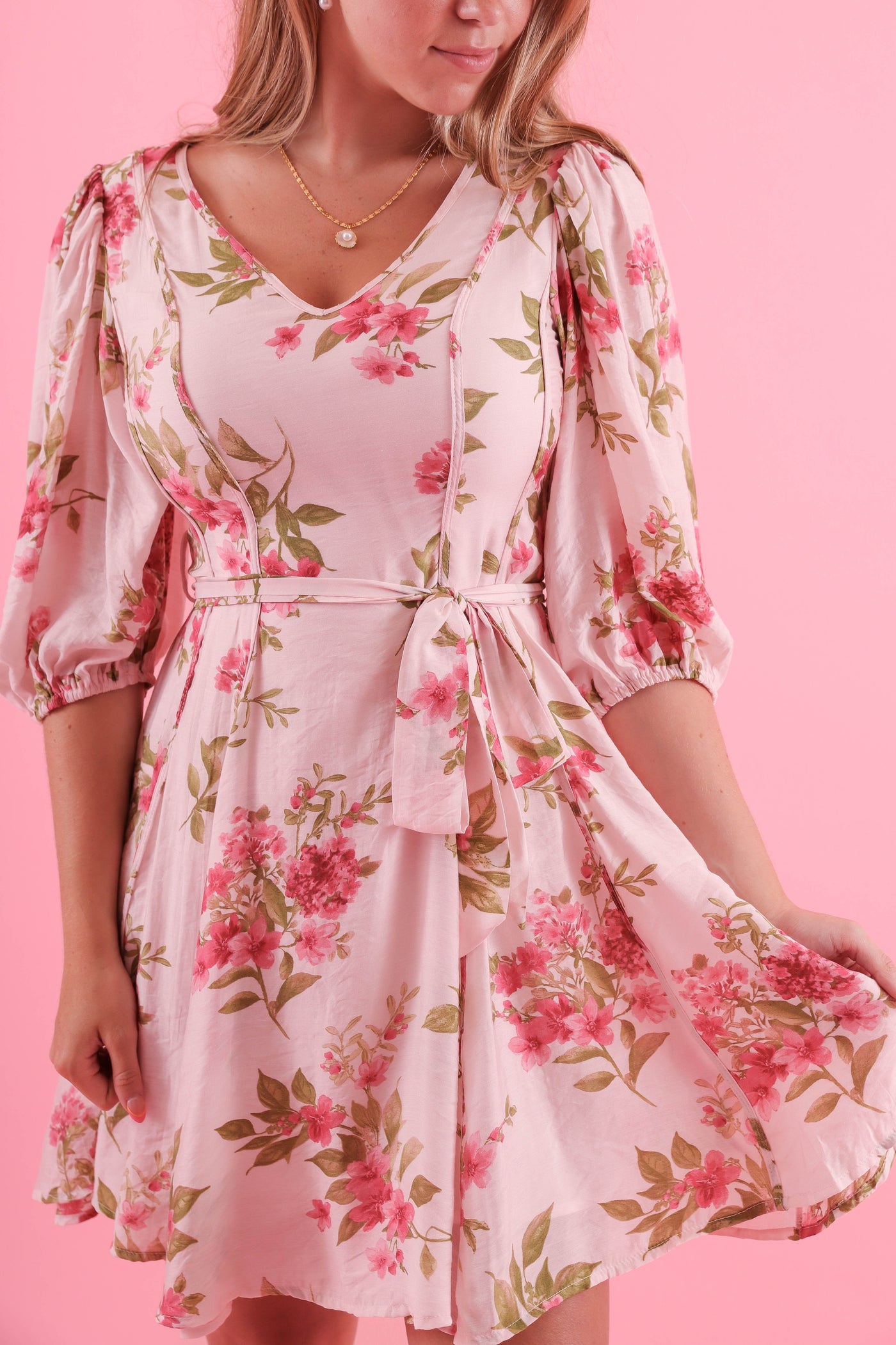 Women's Blush Pink Floral Dress- Sweet Mini Dress- Blu Pepper Dresses