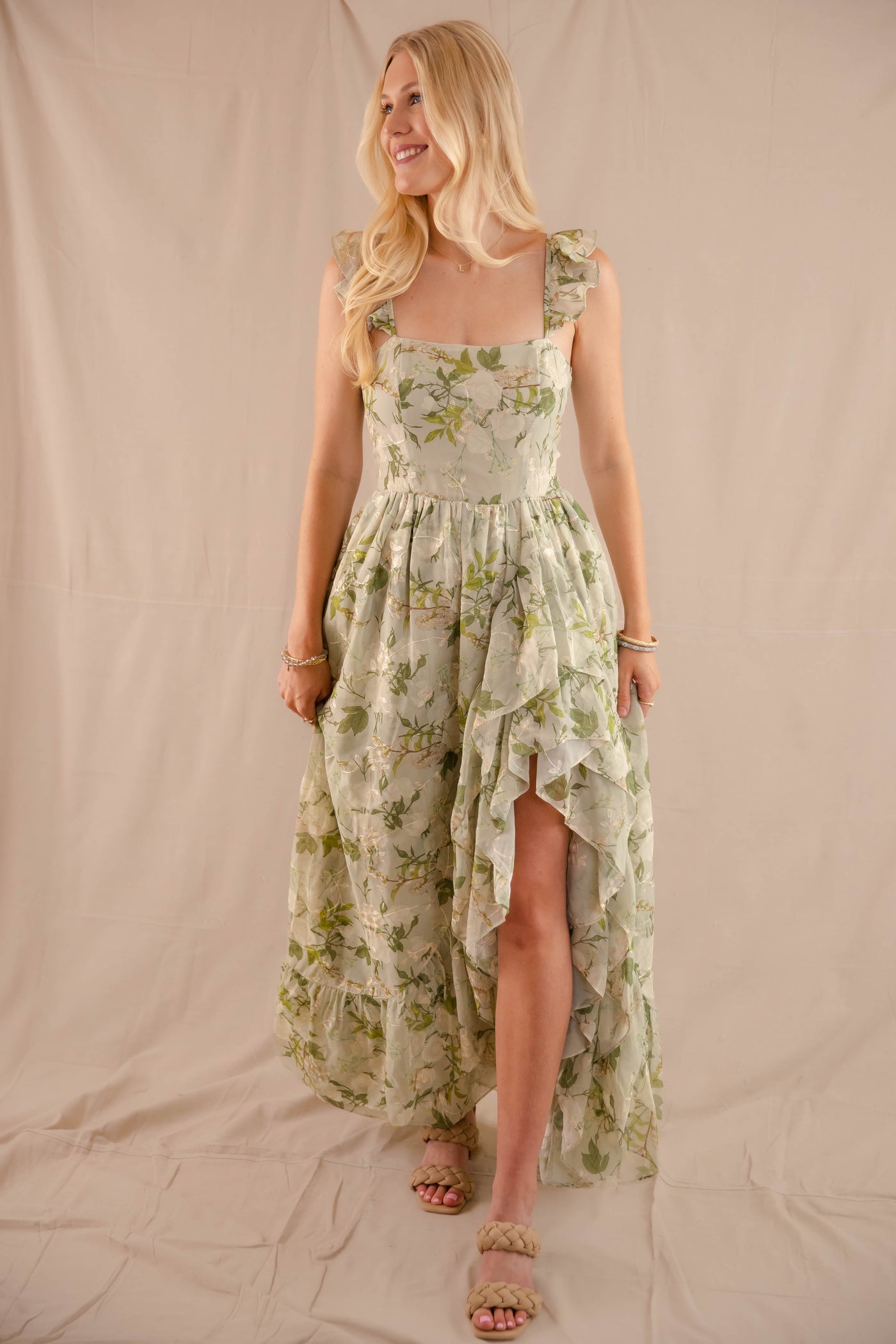 Green Rose Print Dress- High-Low Maxi Dress- Storia Floral Print Dress