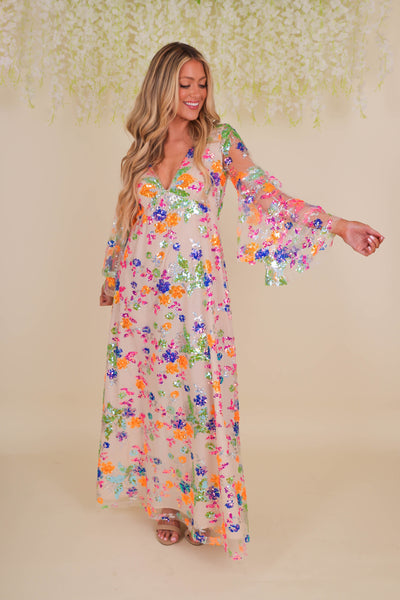 Rainbow Sequin Maxi Dress- Sequin Bell Sleeve Maxi- Long Sleeve Sequin Maxi