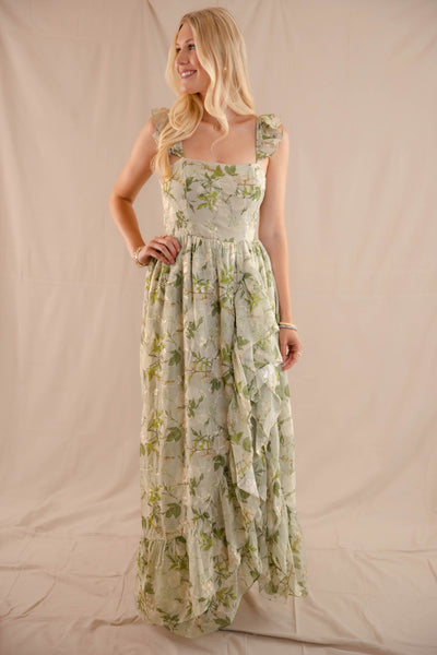 Green Rose Print Dress- High-Low Maxi Dress- Storia Floral Print Dress