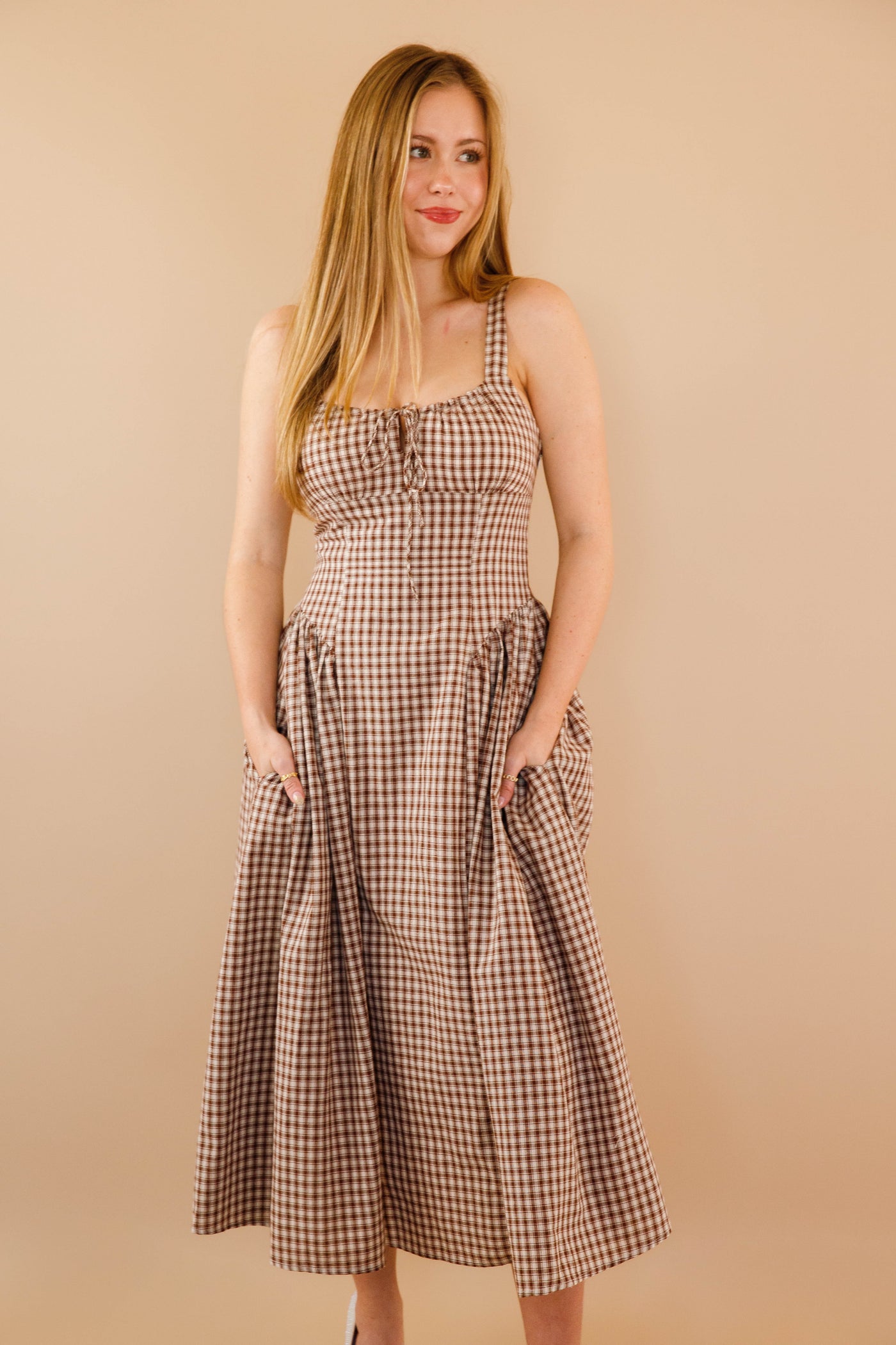 brown gingham dress womens Gingham Daydream Midi Dress