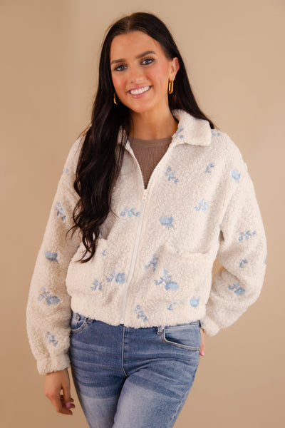 Blue Floral Embroidery Sherpa Pullover- Women's Flower Winter Zip Up Jacket