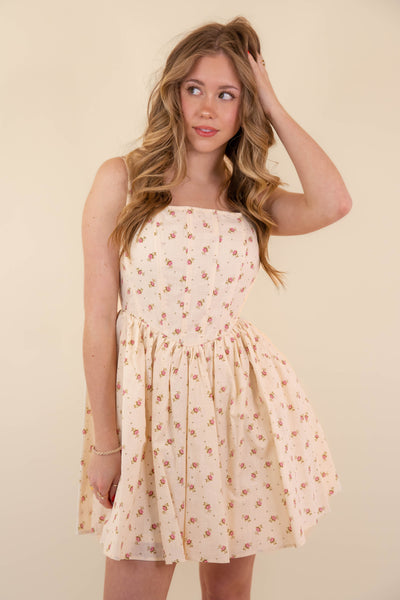 Mini Floral Print Dress- Shabby Chic Style Dresses- Women's Corset Style Dress