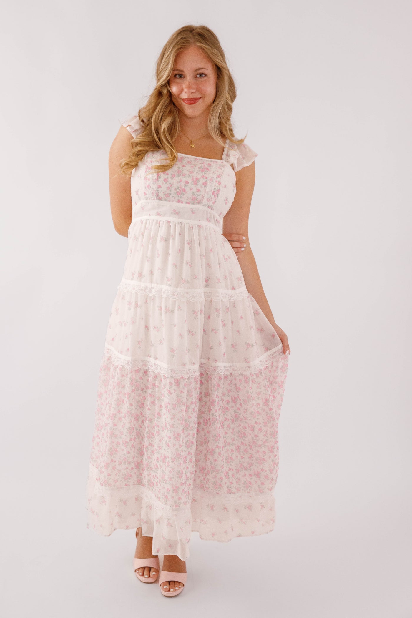 pink and cream lace dress Rustic Rose Lace Up Corset Midi Dress (Pink/Cream) S