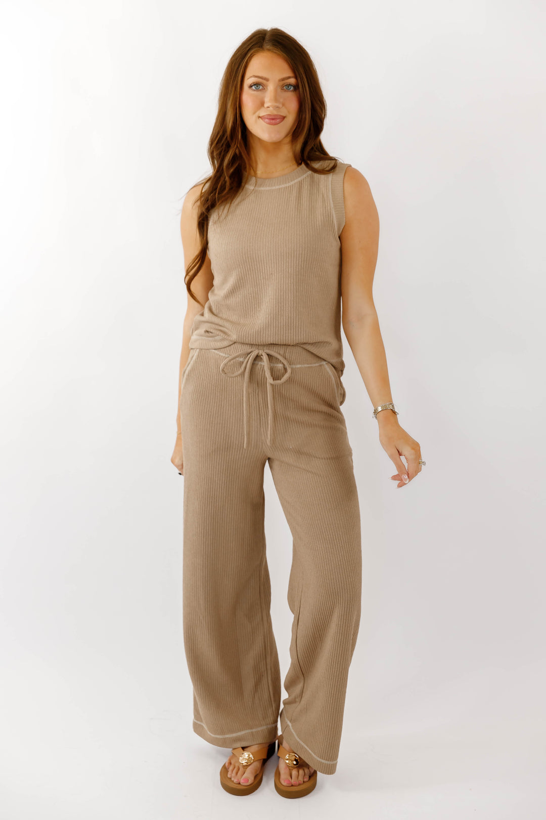 Mocha Ribbed Lounge Pants- Neutral Matching Lounge Set- Women's