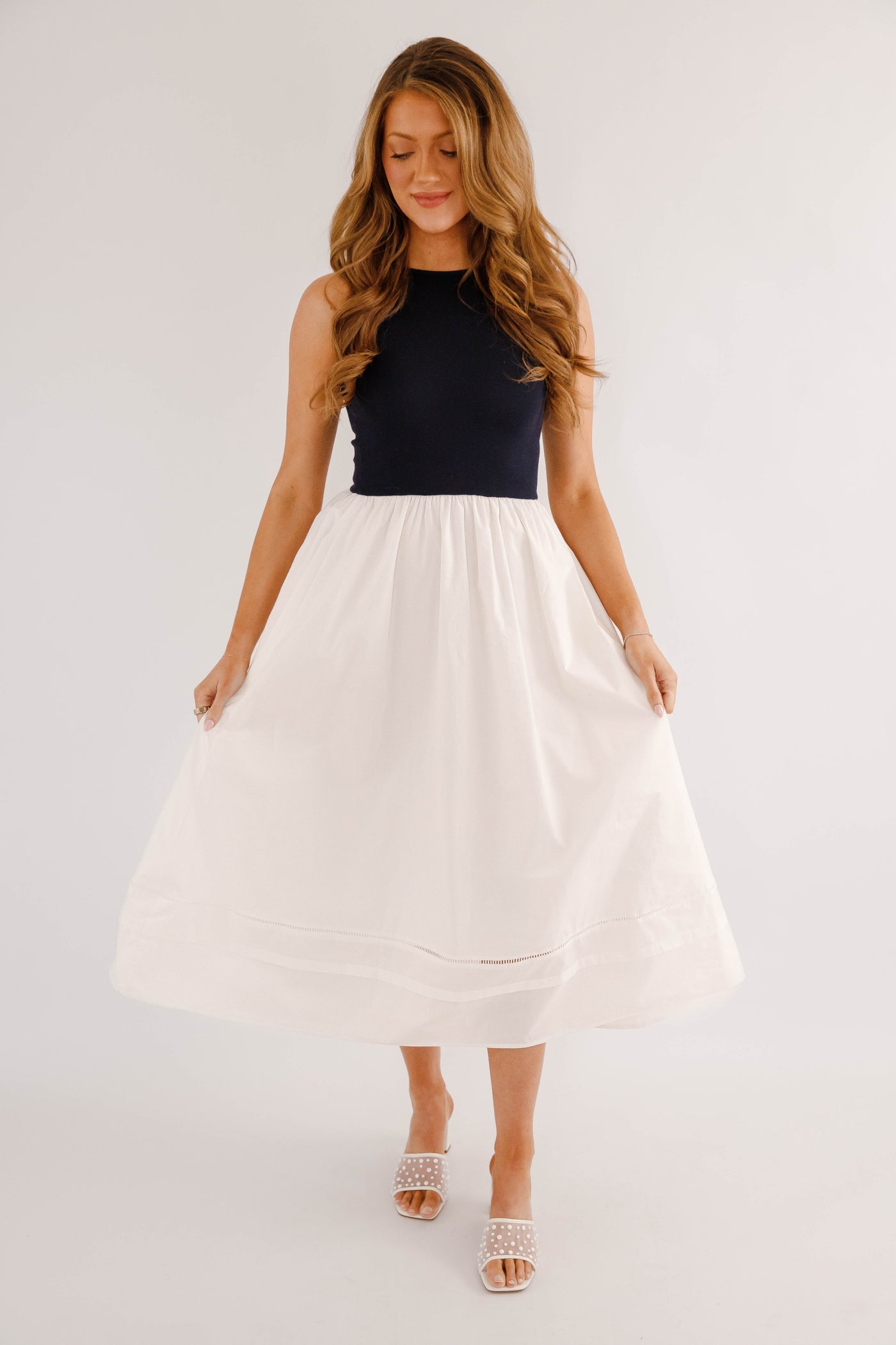 navy midi summer dress Navy & White Colorblock Midi Dress – Sleeveless Classic Summer Dress- Navy Knitted Midi Dress Medium