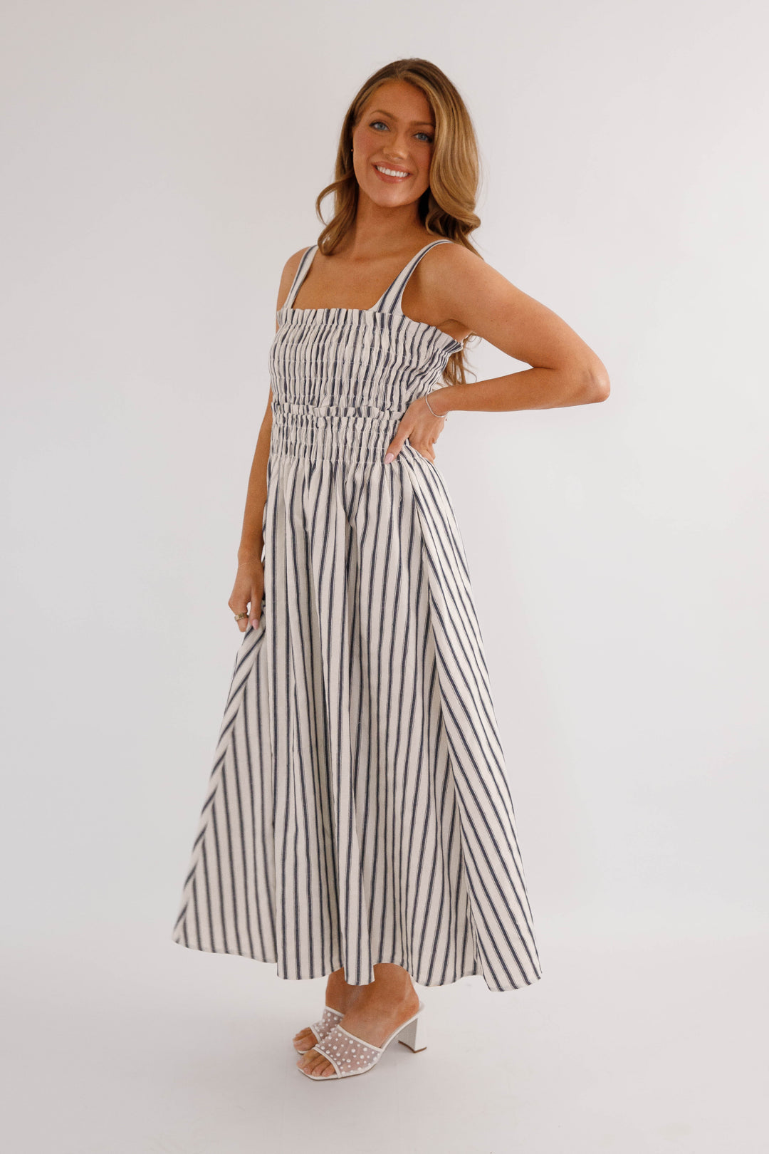 navy and white striped midi dress Women's Navy and Cream Striped Midi Dress- Classic Thin Striped Dress- TCEC Striped Dress Large