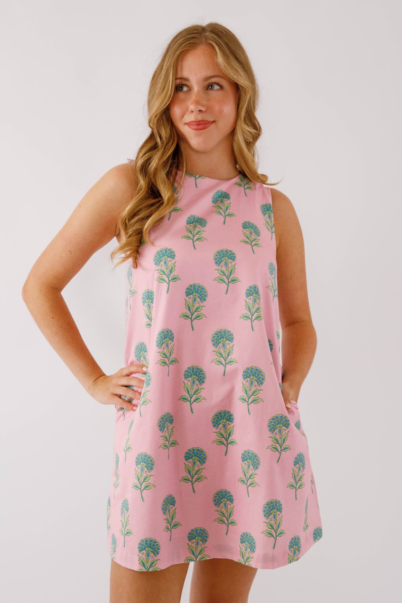 Vintage Looking Cotton Shift Dress- Preppy Pink Floral Shift Dress with Bow- Pretty Follies Pink and Green Floral Shift Dress Large