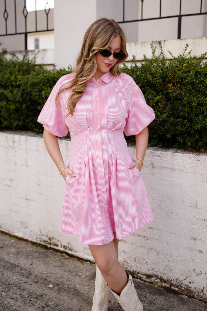 Pink Stripe Button Front Mini Dress – Puff Sleeve Collared Dress- &Merci Pink Striped Dress Small