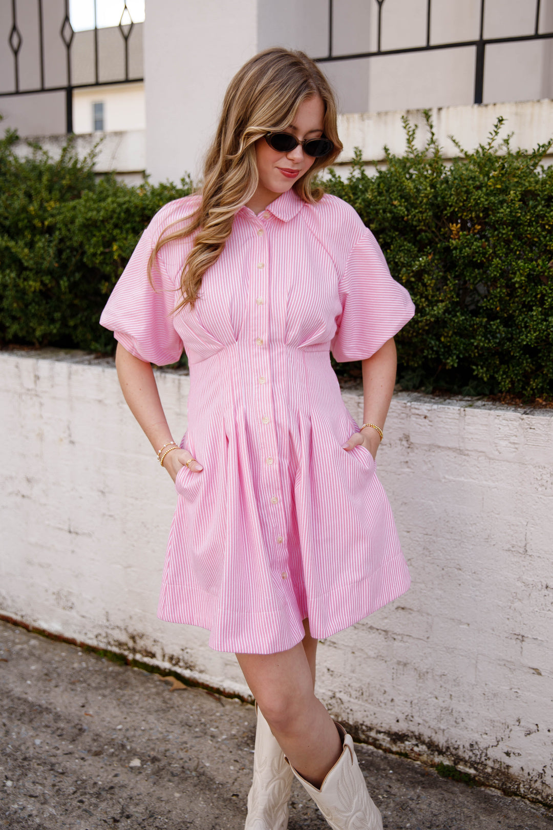 Pink Stripe Button Front Mini Dress – Puff Sleeve Collared Dress- &Merci Pink Striped Dress Small