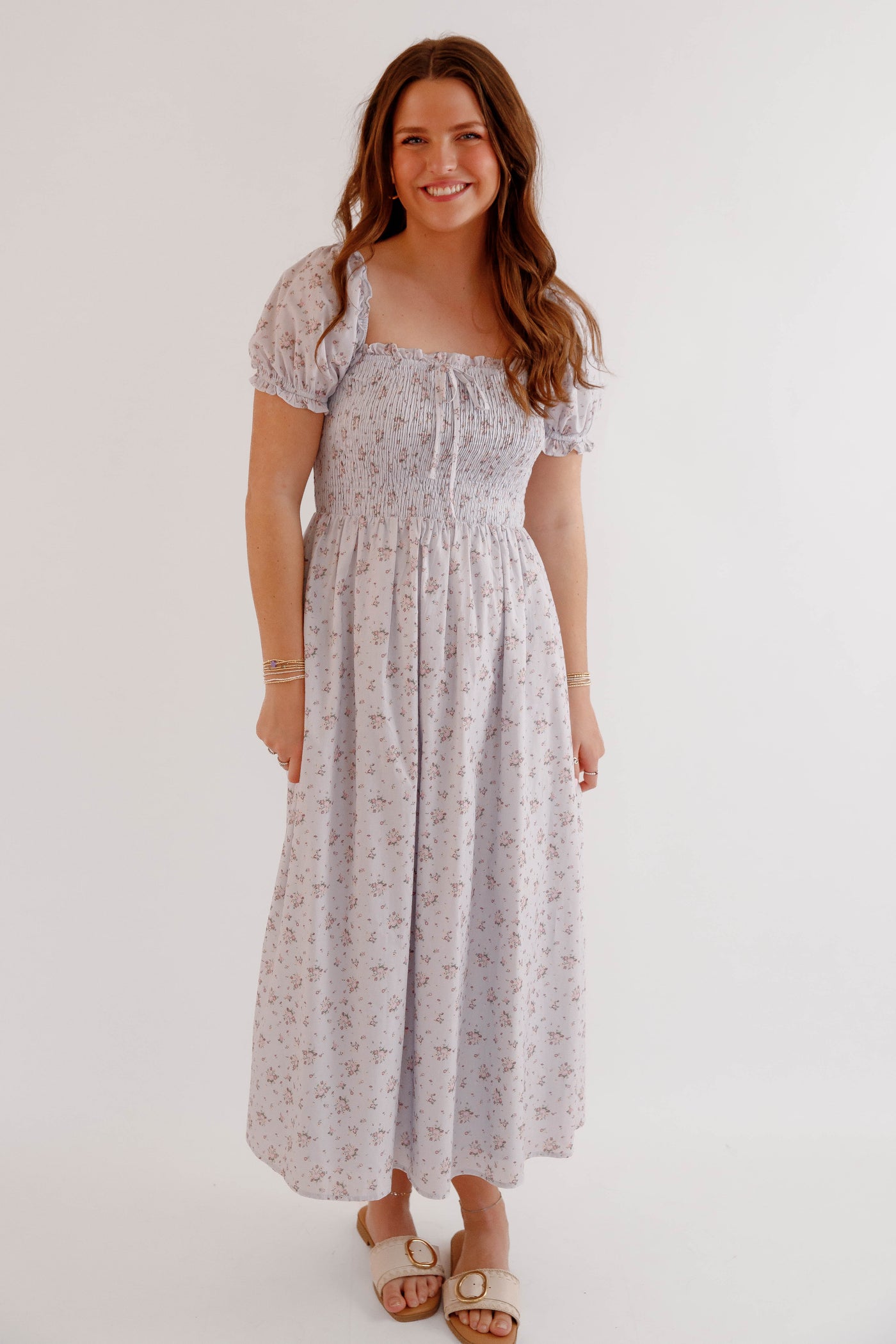 Floral Smocked Puff Sleeve Midi Dress – Romantic Cottagecore Spring Dress-Storia Floral Dress Medium