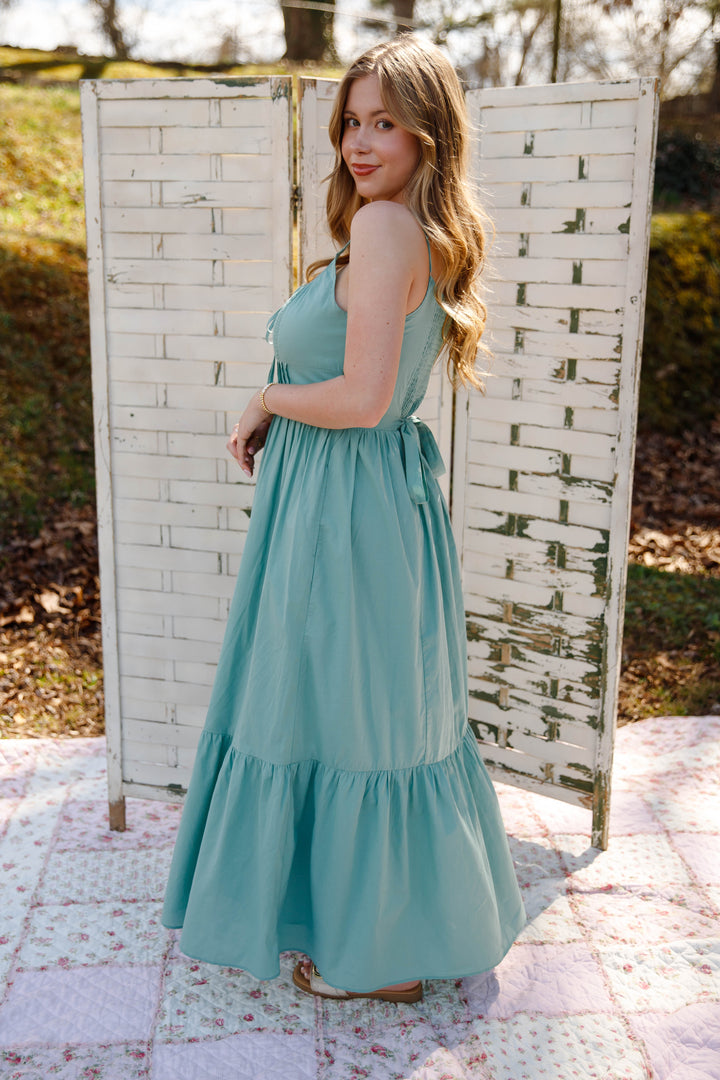 sage blue dress Lace Trim Midi – Romantic Button Front Cottagecore Dress- In Loom Lace Dress – Juliana's Boutique Alice & Olivia - 25AUG worthy moments Color:Brown Black Check Maxi dress