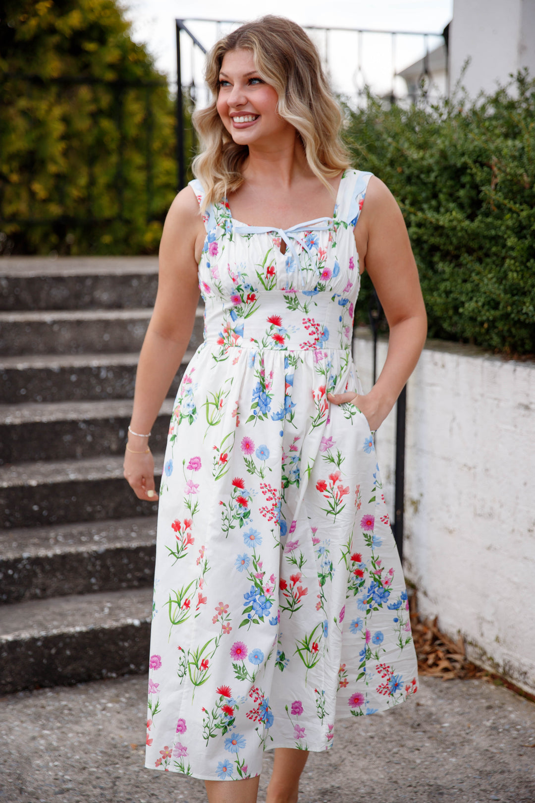 colorful floral midi dress Vibrant Floral Midi Dress- Women's Preppy Dress- THML Floral Dress Medium