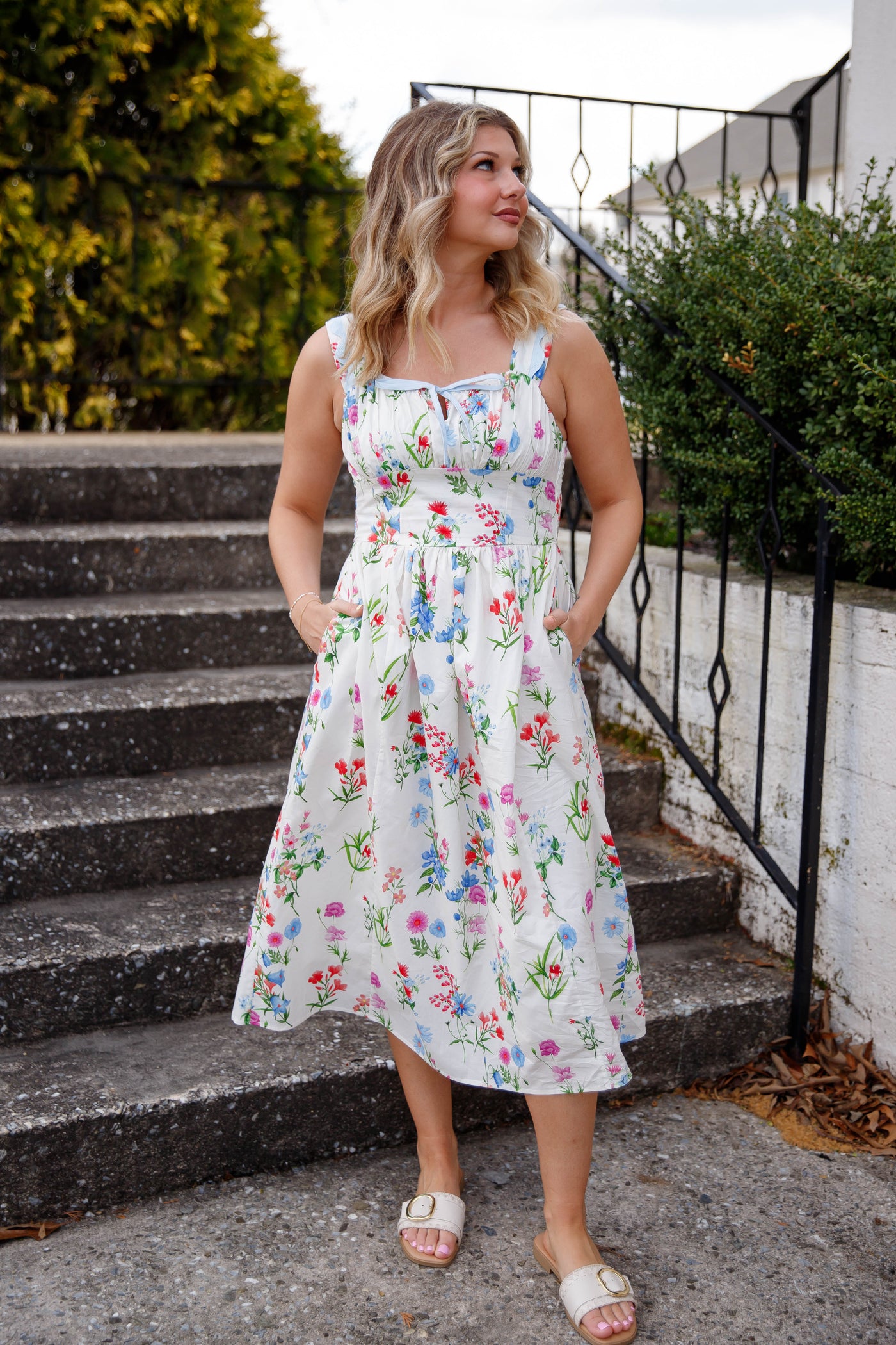 Vibrant Floral Midi Dress- Women's Preppy Dress- THML Floral Dress Extra small Vibrant Floral Midi Dress- Women's Preppy Dress- THML Floral Dress Extra small