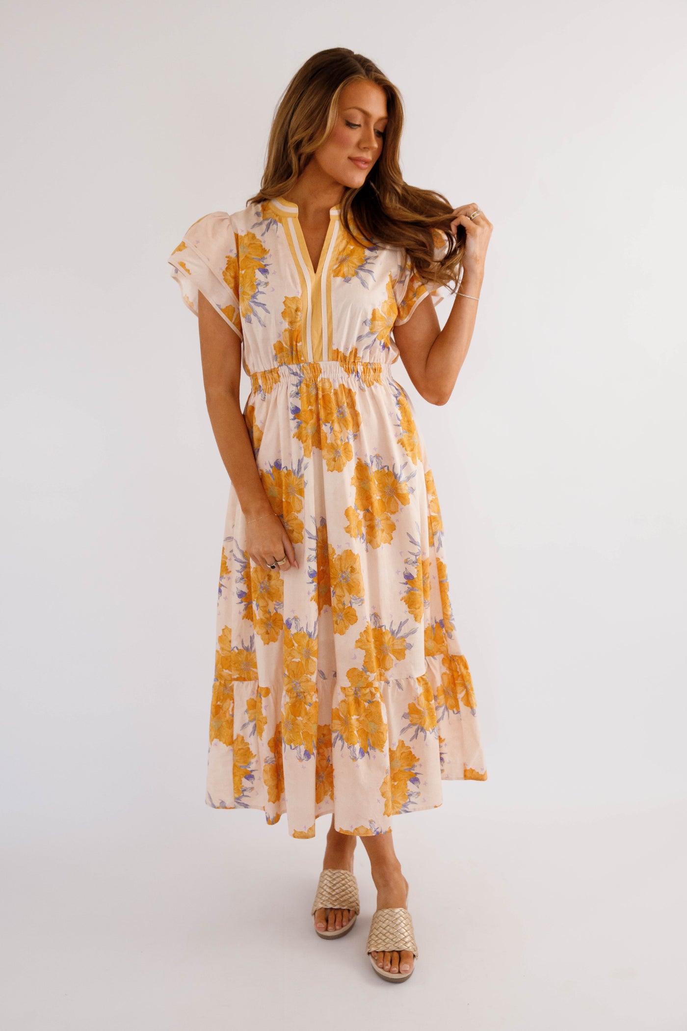 Golden Floral Midi Dress- Work Friendly Maxi Dress- Umgee Floral Dress Medium Golden Floral Midi Dress- Work Friendly Maxi Dress- Umgee Floral Dress Medium