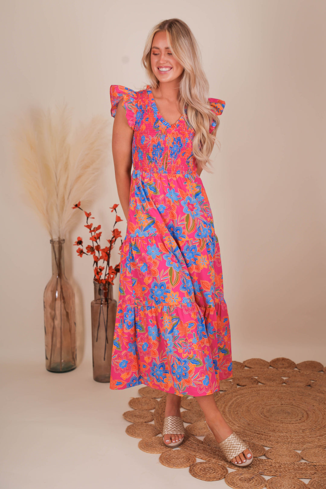 Women's Floral Smocked Midi Dress- Women's Hot Pink Midi Dress- Sugar Lips Midi Dress Large