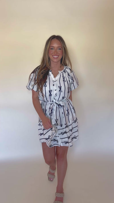 Preppy White and Navy Dress with Bow Design - White Button Down Dress with Bows- Umgee Bow Dress