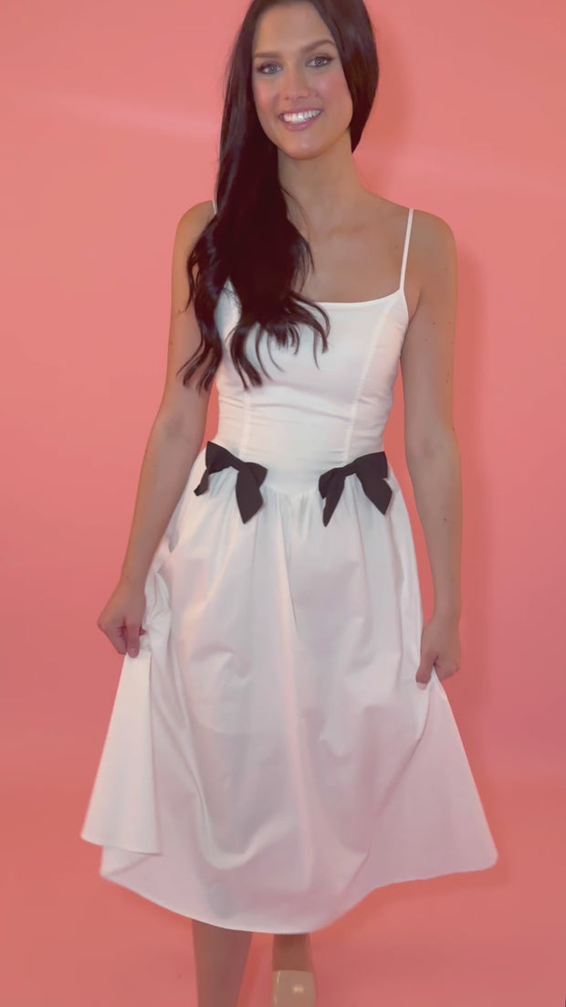 white dress with black bow White Dress Black Bow | High-Quality, Midi Dress
