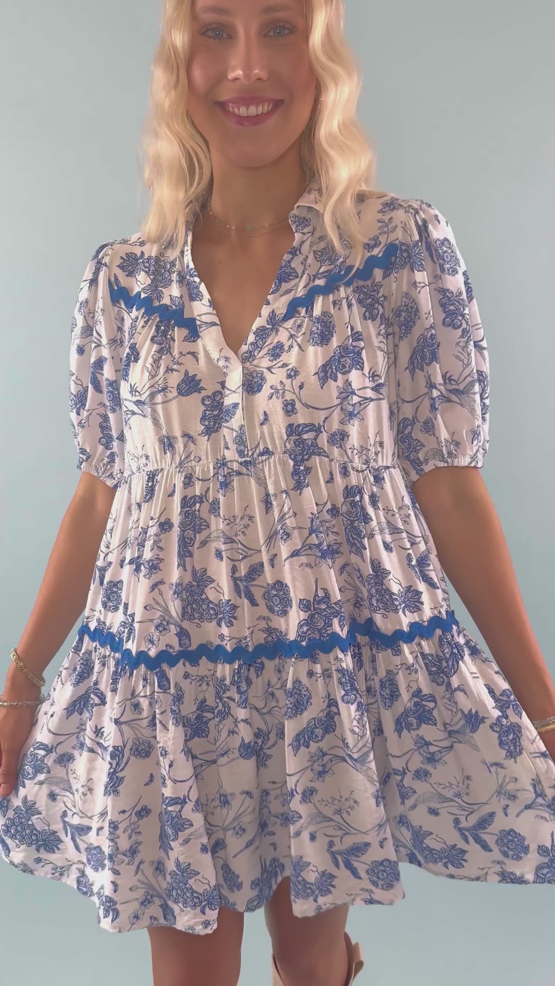 Floral Blue Toile Print Dress- Women's Ric-Rac Dress- Blue Printed Dress