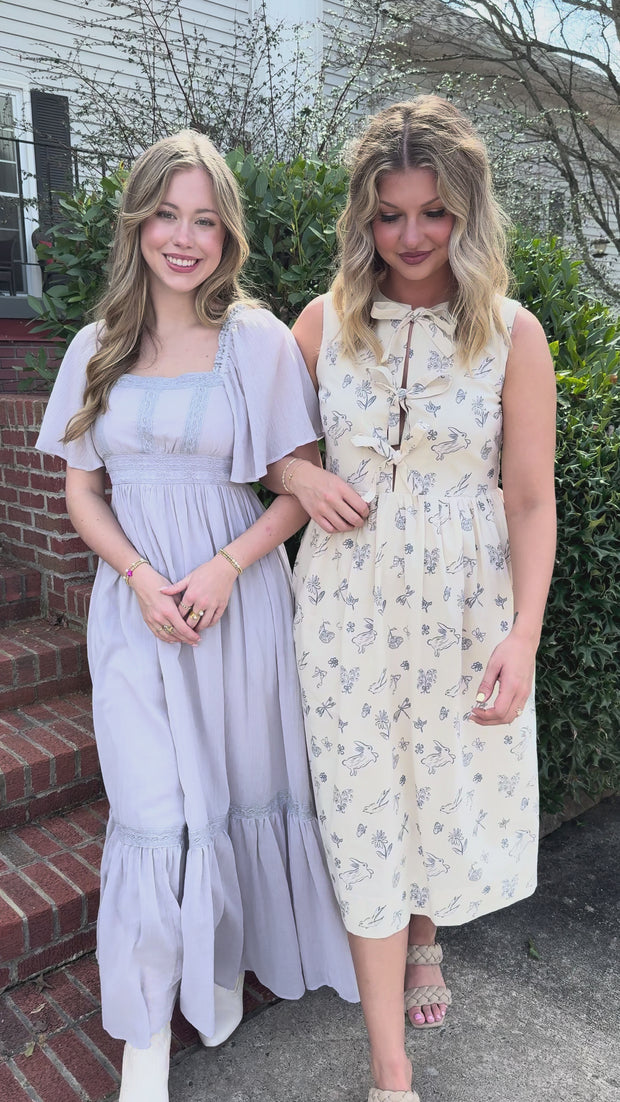 Dusty Grey Lace Trim Maxi Dress – Romantic Flutter Sleeve Dress