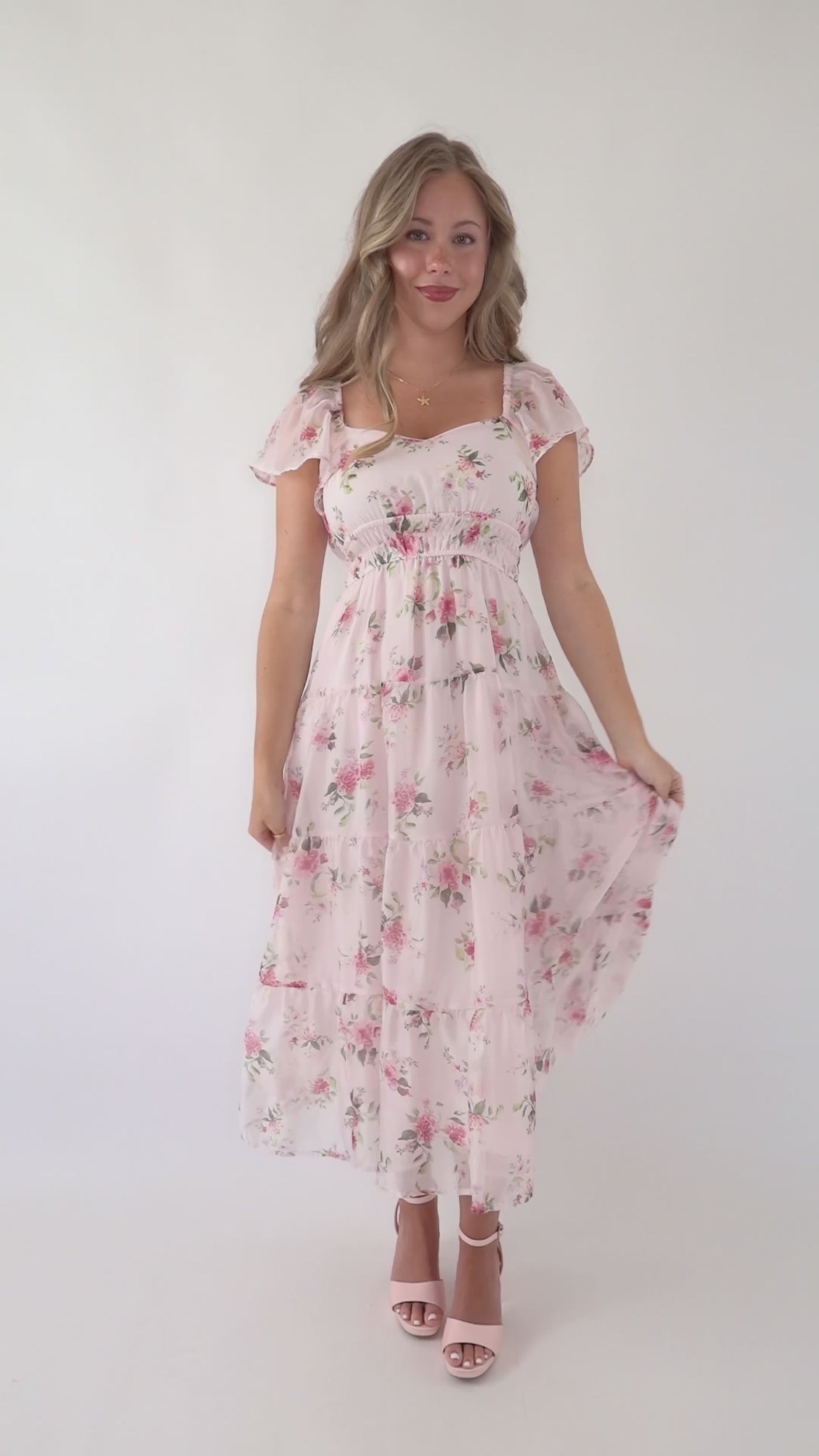 flowy midi dresses Blush Floral Midi Dress- Feminine Floral Midi Dress With Flutter Sleeves- Flowy Midi Dress With Elastic Waist Large