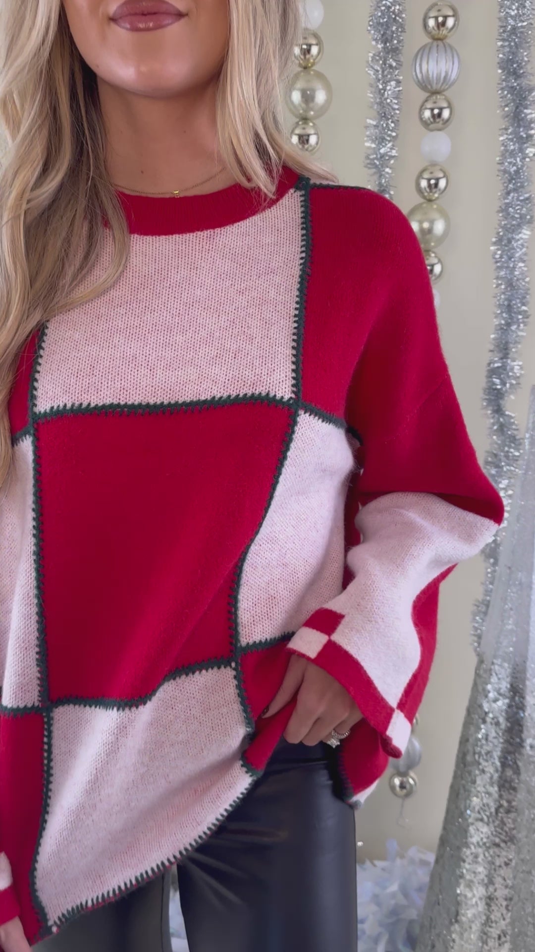 Red and White Checked Sweater- Holiday Sweater