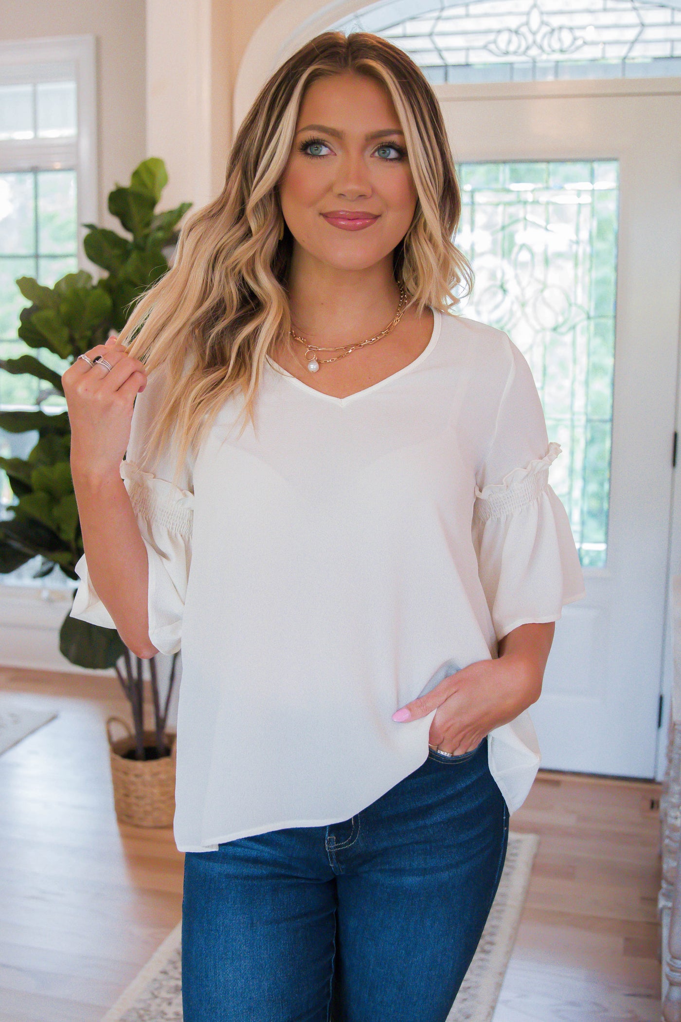 White V-Neck Blouse- Women's Workwear Top- Simple White Blouse- Women's Top With Sleeves