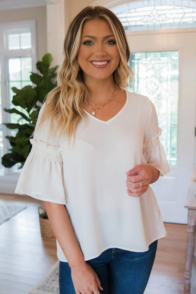 White V-Neck Blouse- Women's Workwear Top- Simple White Blouse- Women's Top With Sleeves