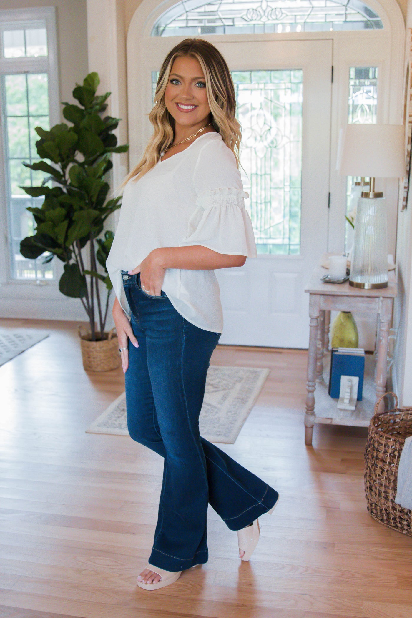White V-Neck Blouse- Women's Workwear Top- Simple White Blouse- Women's Top With Sleeves