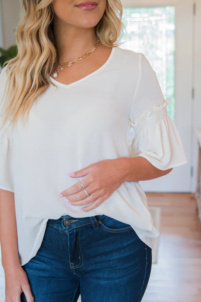 White V-Neck Blouse- Women's Workwear Top- Simple White Blouse- Women's Top With Sleeves