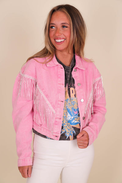 Pink Denim Rhinestone Jacket- Pink Rhinestone Fringe Jacket- Bling Pink Jacket
