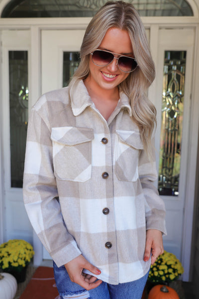 Women's Buffalo Check Flannel- White And Tan Women's Flannel- Soft Button Down Top
