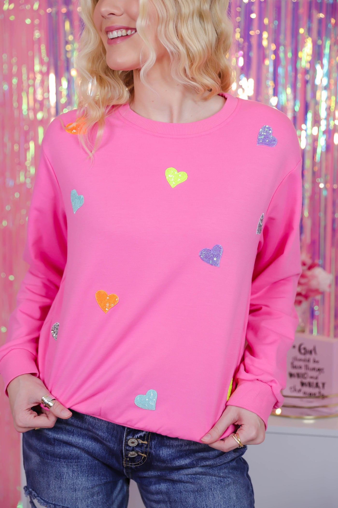 Women's Pink Pullover with Sequin Hearts- Pullover with Neon Sequin Hearts