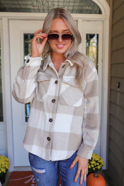 Women's Buffalo Check Flannel- White And Tan Women's Flannel- Soft Button Down Top