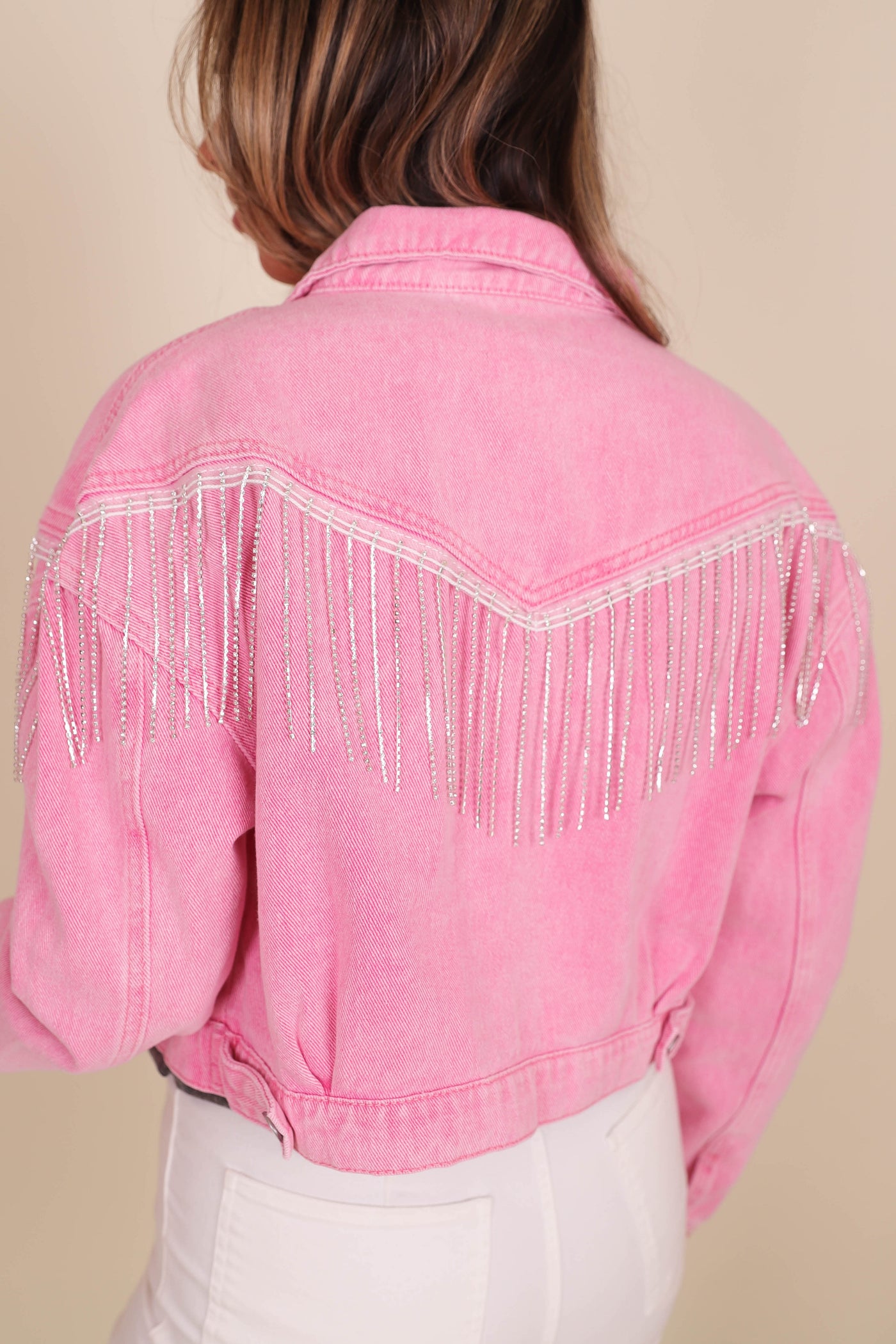 Juliana's Boutique Pink Denim Rhinestone Jacket- Pink Rhinestone Fringe Jacket- Bling Pink Jacket Small