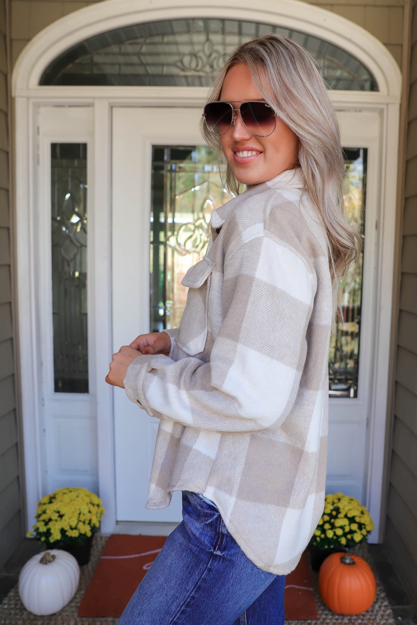 Women's Buffalo Check Flannel- White And Tan Women's Flannel- Soft Button Down Top