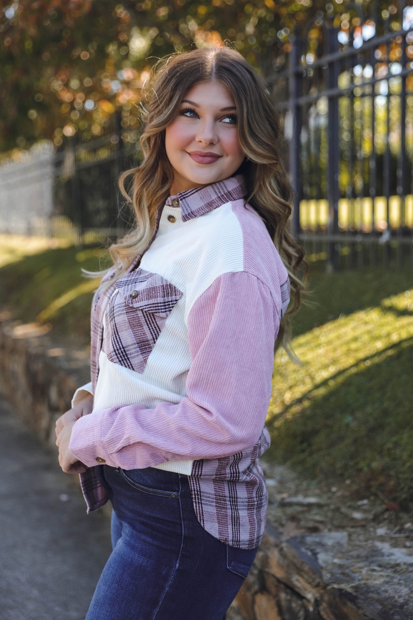 Women's Corduroy Button Down- Pink Plaid Shacket- Women's Pink and White Plaid Top