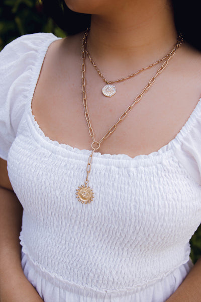 Canvas Chain Necklace- Gold Pendent Necklace- Evil Eye Gold Necklace