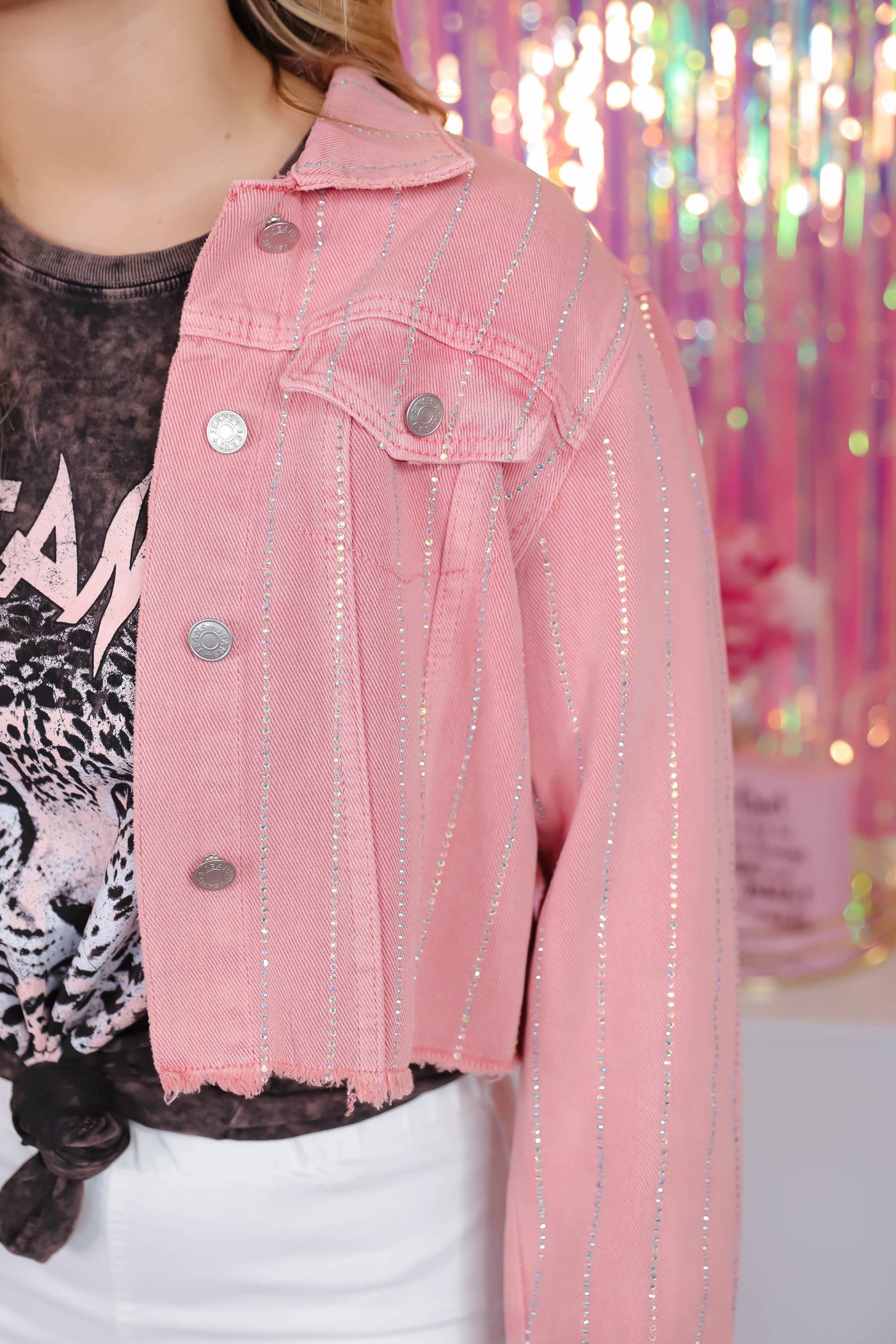 Women's Pink Rhinestone Denim Jacket- Chic Cropped Denim Jacket- 